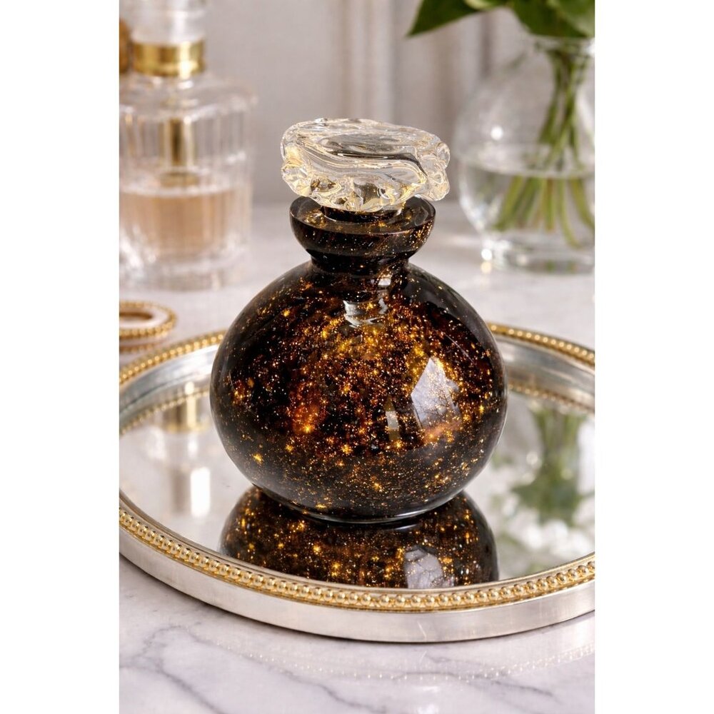 Vintage Art Glass Perfume Bottle Gold Fleck Aventurine Style 4.5" x 3" With Stop
